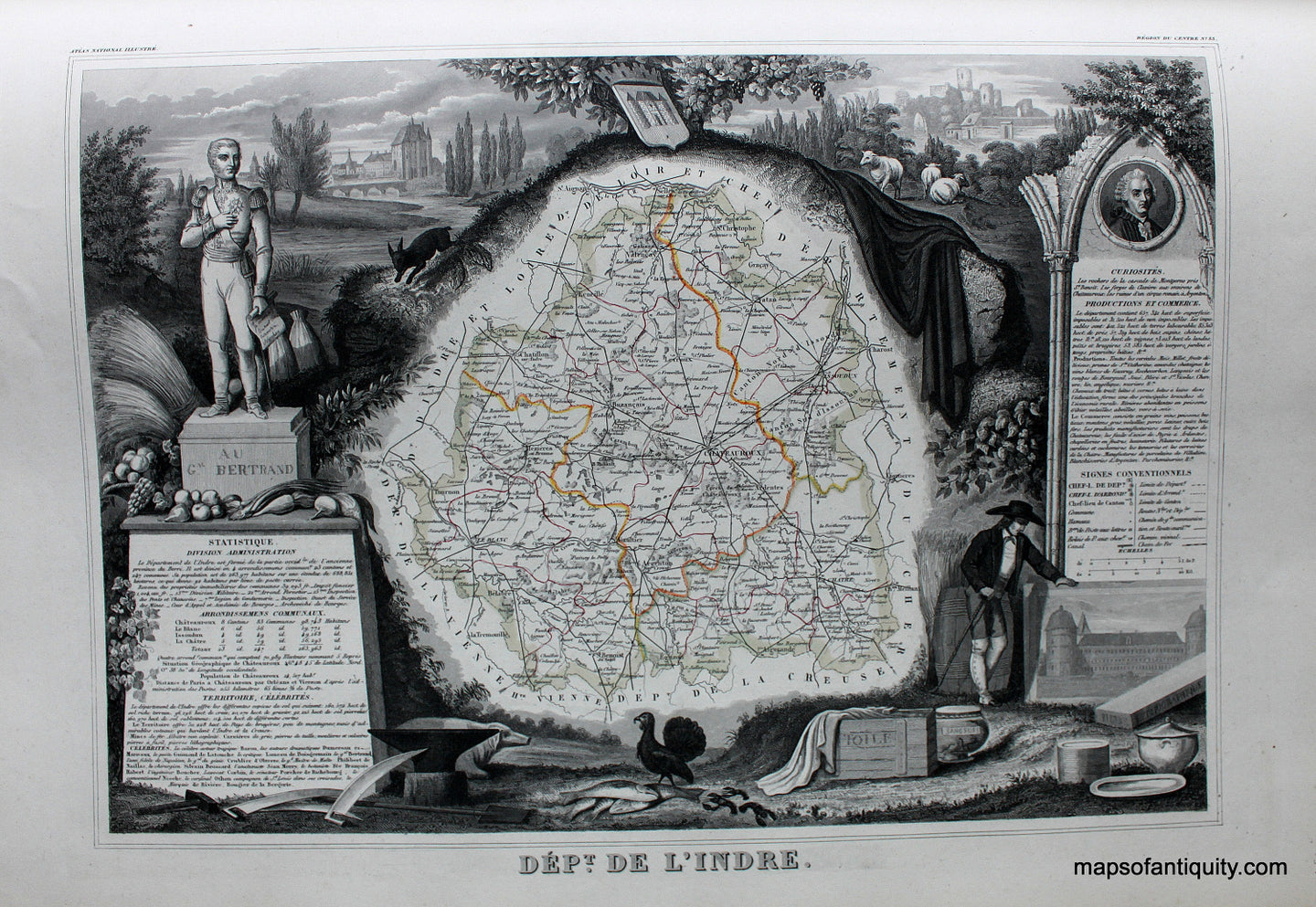 Antique-Hand-Colored-Map-Dept.-de-L'Indre.-Europe-France-1851-Levasseur-Maps-Of-Antiquity
