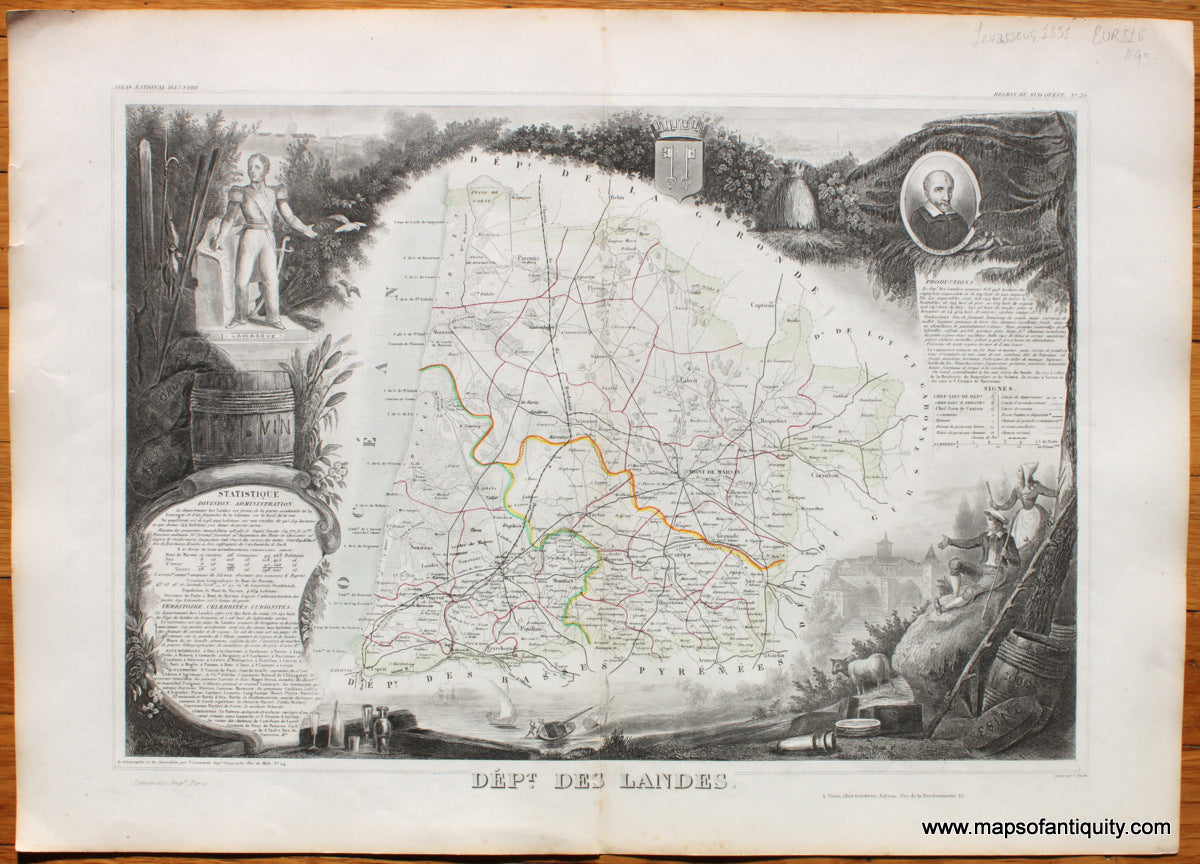 Antique-Map-France-French-Department-Departments-Dept.-des-Landes-Levasseur-1851-1850s-1800s-Mid-19th-Century-Maps-of-Antiquity