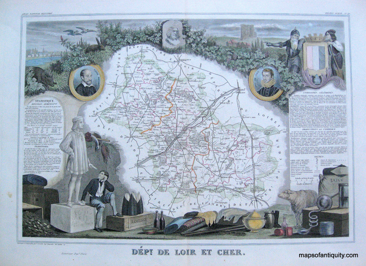 Antique-Hand-Colored-Map-Dept.-de-Loir-et-Cher.-France-Europe-France-1851-Levasseur-Maps-Of-Antiquity