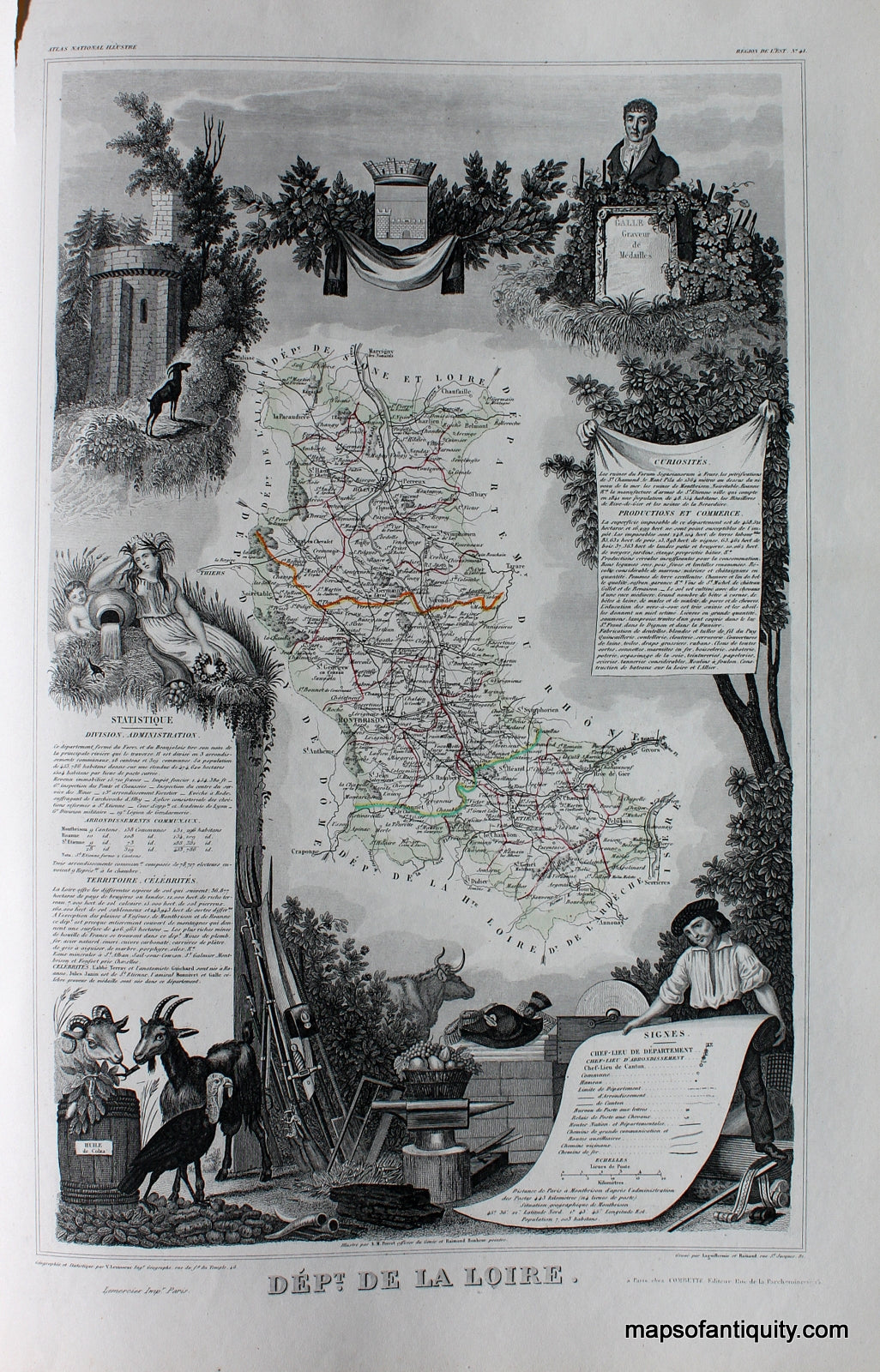 Antique-Hand-Colored-Map-Dept.-de-la-Loire.-Europe-France-1851-Levasseur-Maps-Of-Antiquity