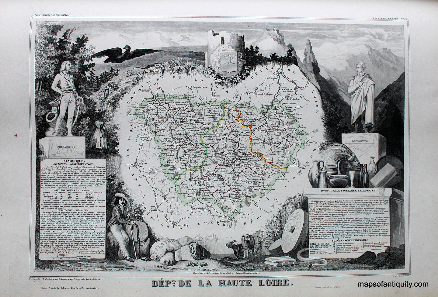 Antique-Hand-Colored-Map-Dept.-de-la-Haute-Loire.-Europe-France-1851-Levasseur-Maps-Of-Antiquity