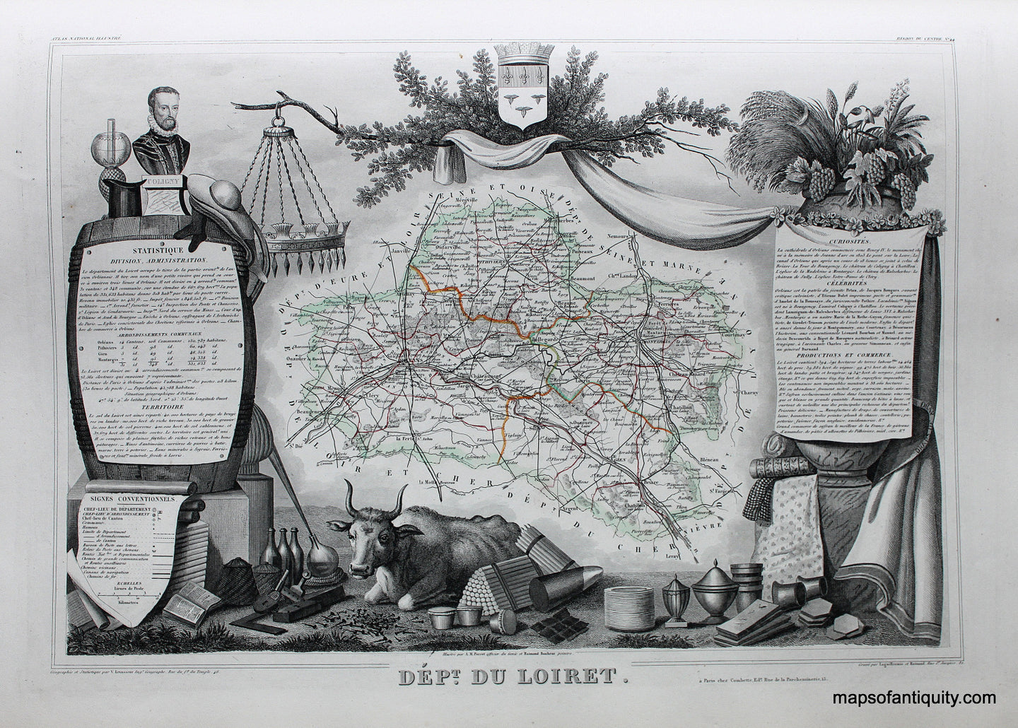 Antique-Hand-Colored-Map-Dept.-du-Loiret.-Europe-France-1851-Levasseur-Maps-Of-Antiquity
