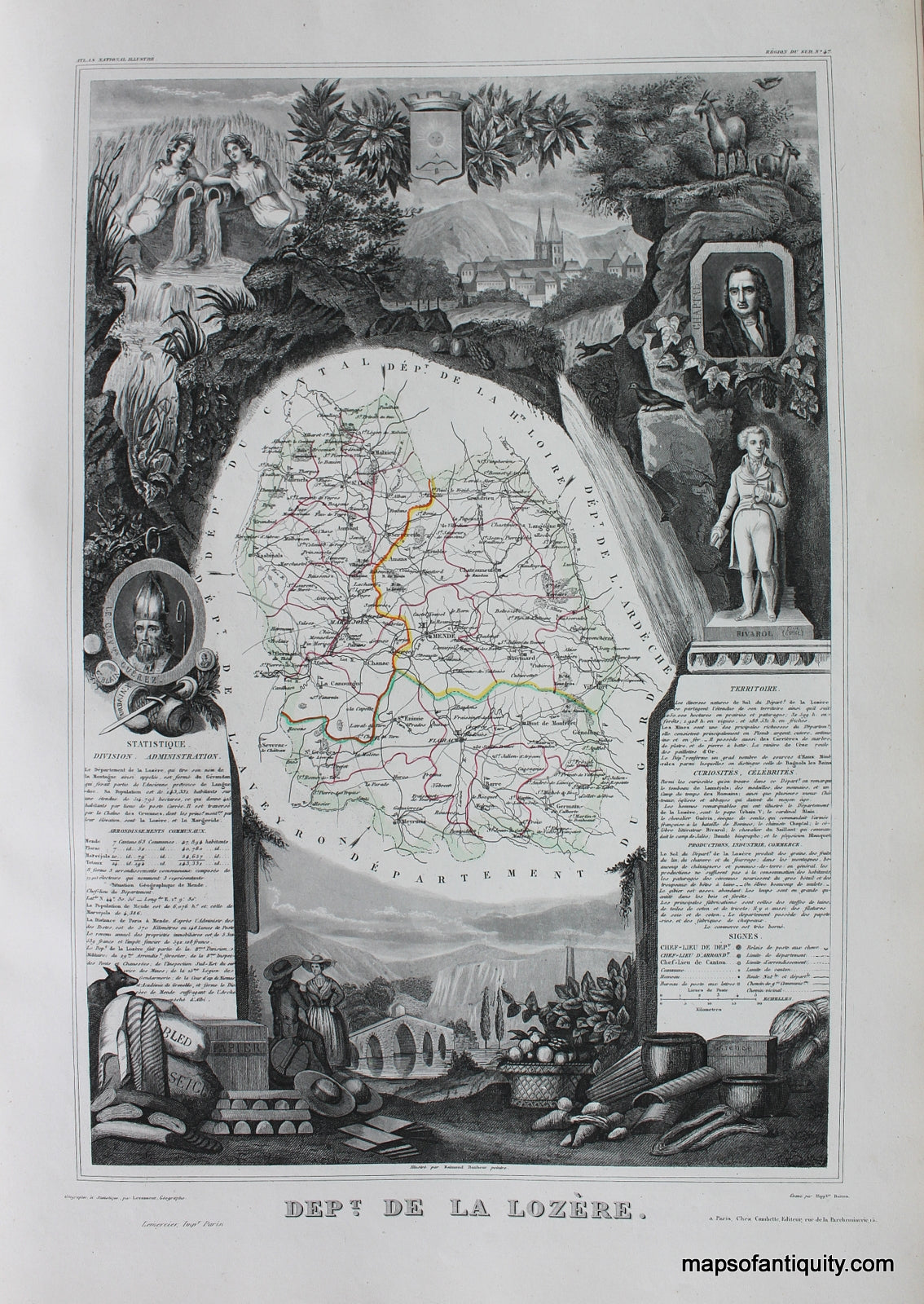 Antique-Hand-Colored-Map-Dept.-de-la-Lozere.-Europe-France-1851-Levasseur-Maps-Of-Antiquity