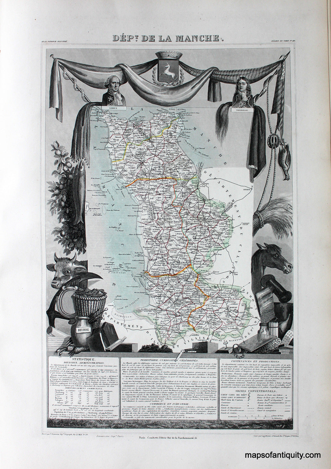 Antique-Hand-Colored-Map-Dept.-de-la-Manche.-Europe-France-1851-Levasseur-Maps-Of-Antiquity