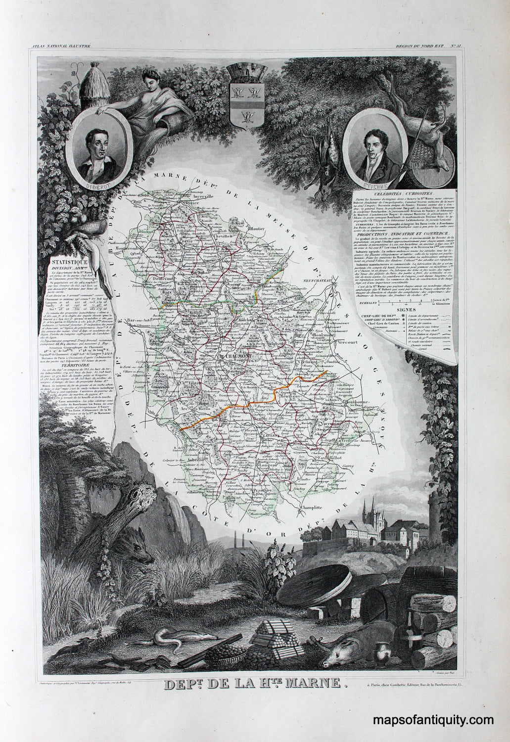 Antique-Hand-Colored-Map-Dept.-de-la-Haute-Marne.-Europe-France-1851-Levasseur-Maps-Of-Antiquity