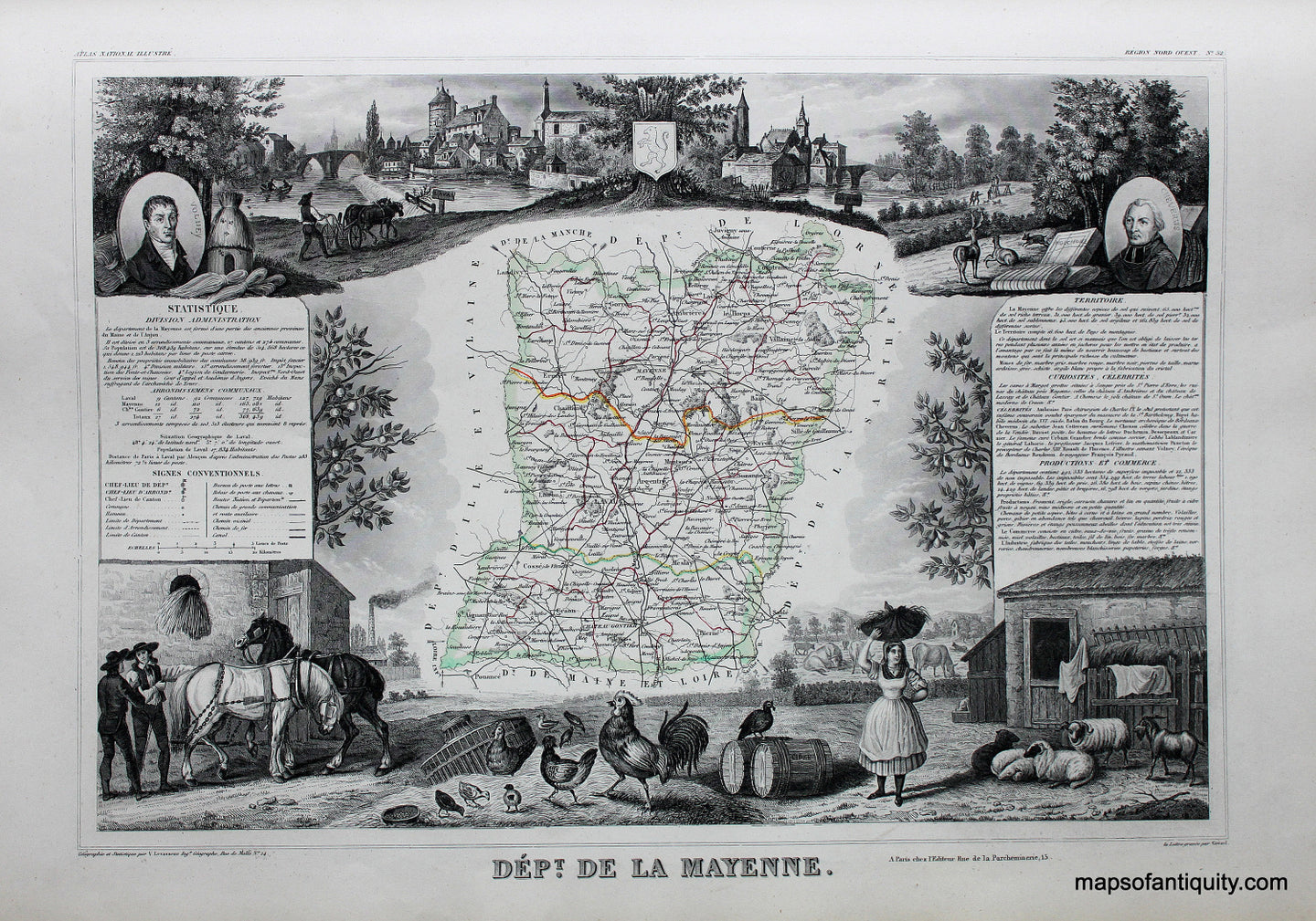 Antique-Hand-Colored-Map-Dept.-de-la-Mayenne.-Europe-France-1851-Levasseur-Maps-Of-Antiquity