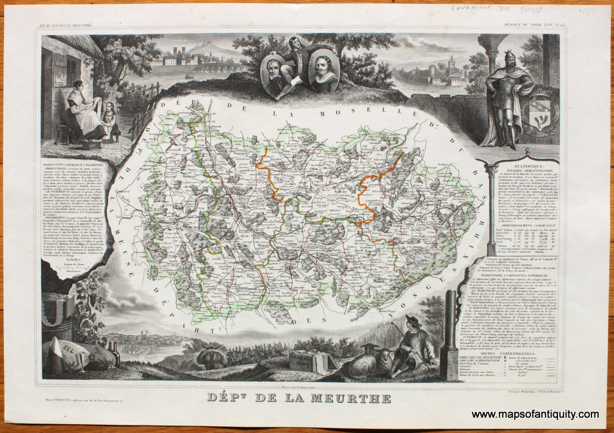 Antique-Map-France-French-Department-Departments-Dept.-de-la-Meurthe-Levasseur-1851-1850s-1800s-Mid-19th-Century-Maps-of-Antiquity