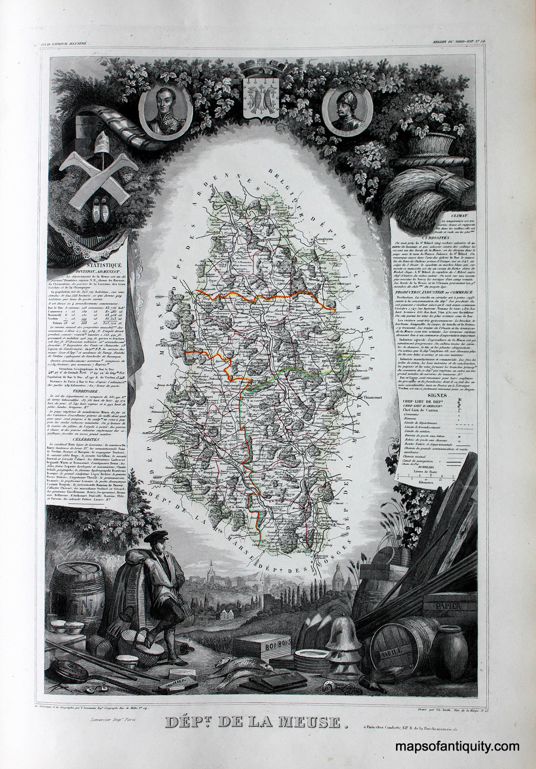 Antique-Hand-Colored-Map-Dept.-de-la-Meuse.-Europe-France-1851-Levasseur-Maps-Of-Antiquity