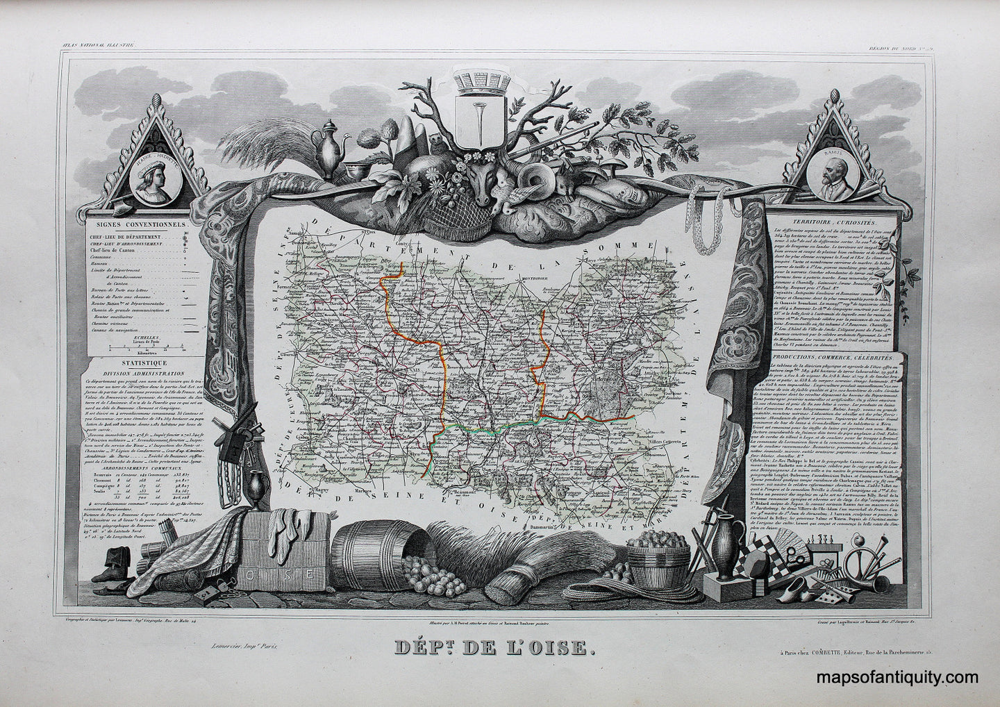 Antique-Hand-Colored-Map-Dept.-de-L'Oise.-Europe-France-1851-Levasseur-Maps-Of-Antiquity