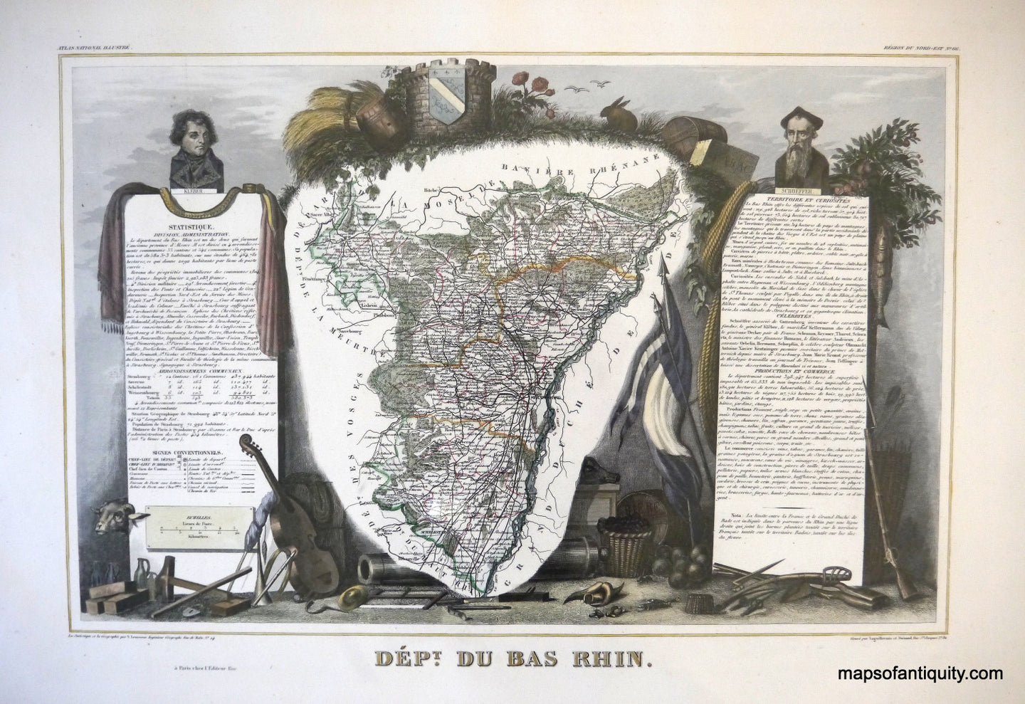 Antique-Hand-Colored-Map-Dept.-du-Bas-Rhin.-Europe-France-1851-Levasseur-Maps-Of-Antiquity