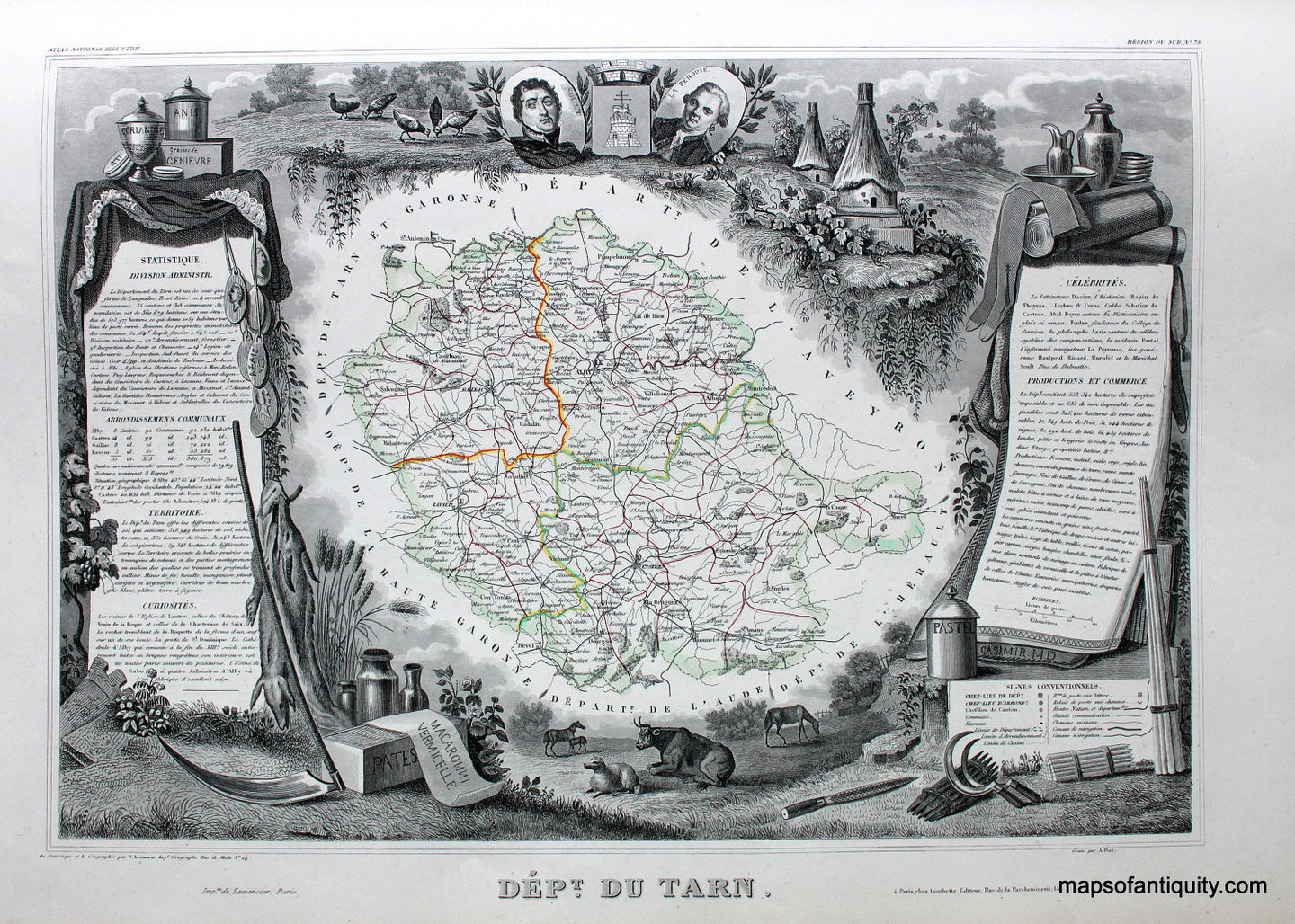 Antique-Hand-Colored-Map-Dept.-du-Tarn.-Europe-France-1851-Levasseur-Maps-Of-Antiquity
