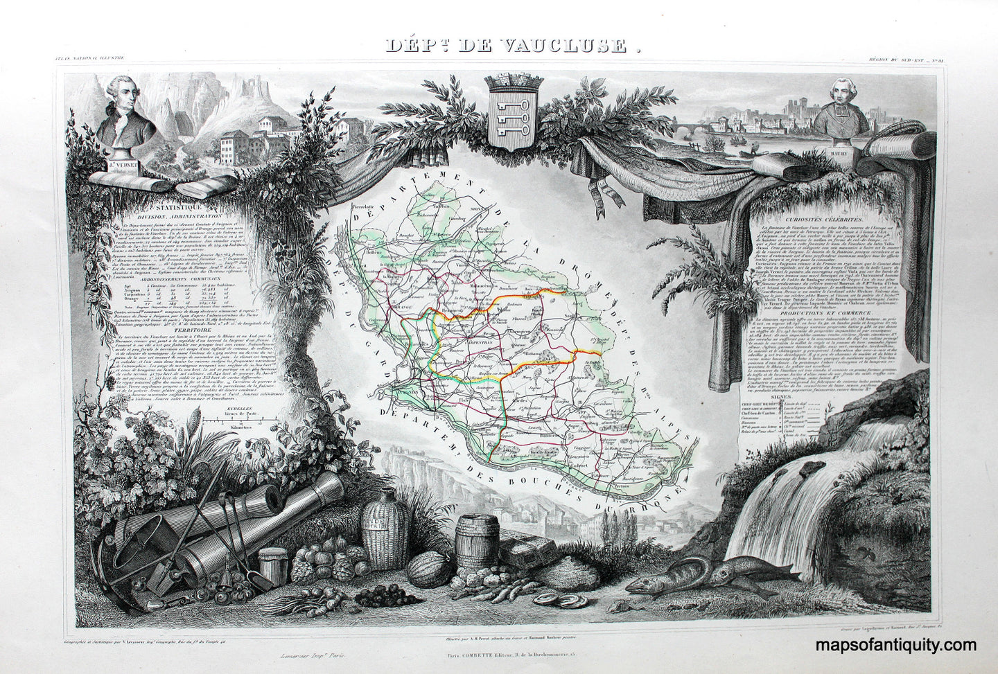 Antique-Hand-Colored-Map-Dept.-du-Vaucluse.-Europe-France-1851-Levasseur-Maps-Of-Antiquity