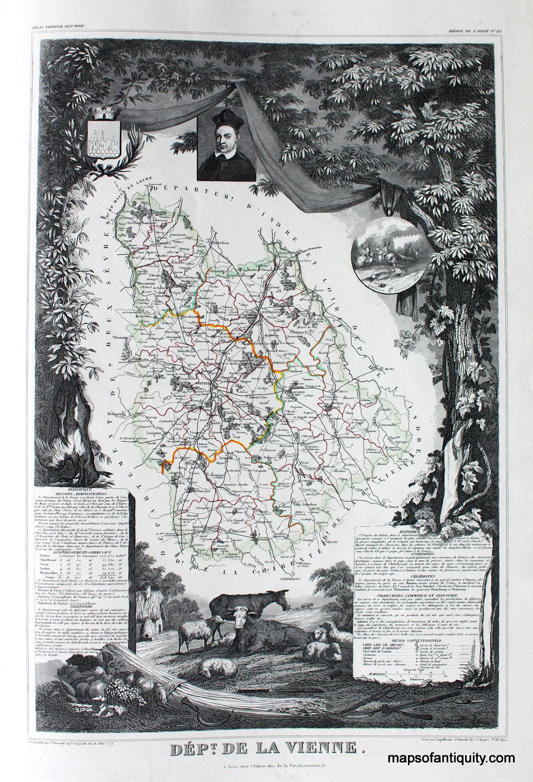 Antique-Hand-Colored-Map-Dept.-de-la-Vienne.-Europe-France-1851-Levasseur-Maps-Of-Antiquity