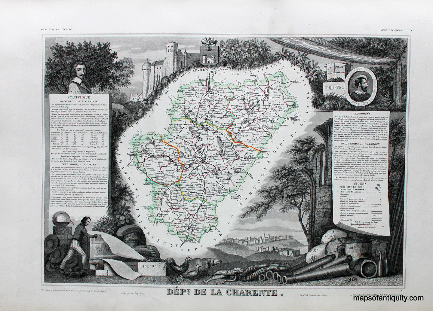 Antique-Hand-Colored-Map-Dept.-De-La-Charente--France-1851-Levasseur-Maps-Of-Antiquity