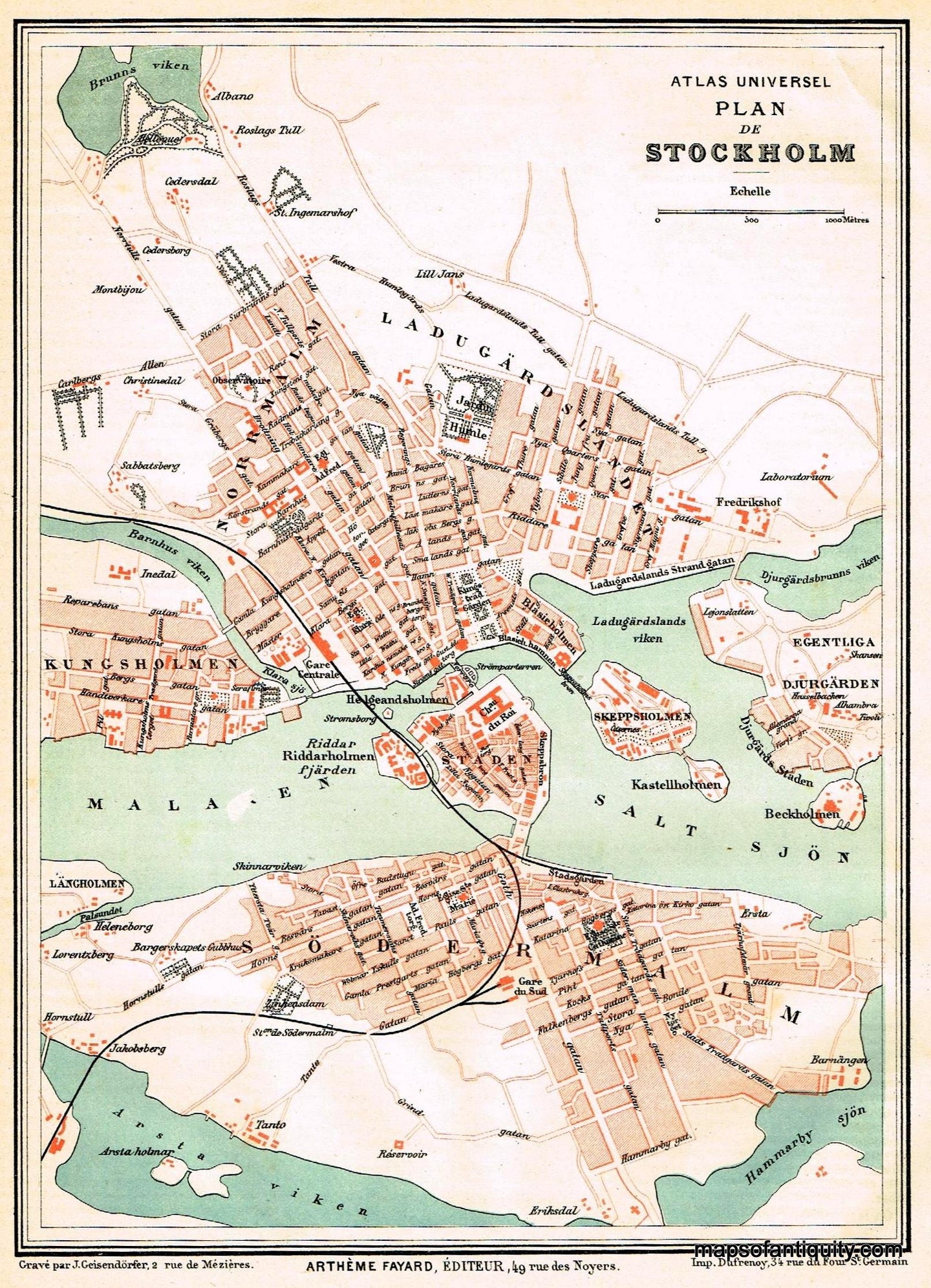 Antique-Map-Plan-Stockholm-Sweden-Fayard-1877-1870s-1800s