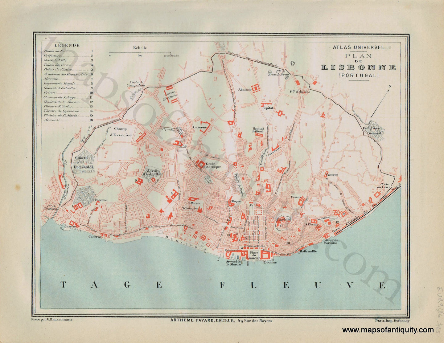 Antique-Map-Plan-Lisbonne-Lisbon-Portugal-Fayard-1877-1870s-1800s