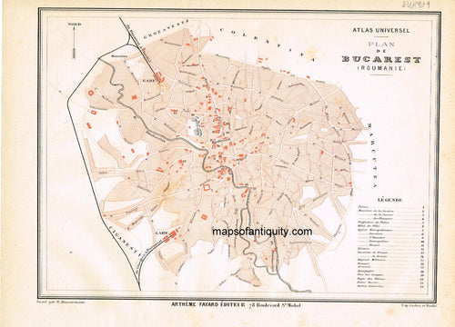 Antique-Printed-Map-Plan-de-Bucarest-Europe-Romania-1877-Fayard-Maps-Of-Antiquity