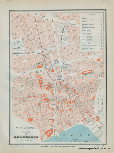 Antique-Map-Plan-de-Barcelona-Spain-Atlas-Universel-Fayard-1877-1870s-1800s