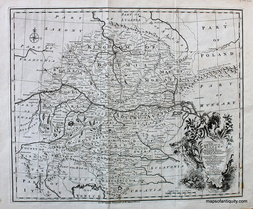 Black-and-White-Engraved-Antique-Map-A-Correct-Chart-of-the-South-East-part-of-Germany-including-Bavaria-Saltzburg-Bohemia-Austria-Moravia-etc.-Europe-Germany-1747-Bowen-Maps-Of-Antiquity