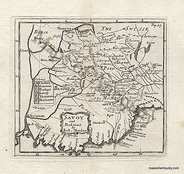 Black-and-White-Engraved-Antique-Map-Savoy-and-Piedmont-by-Robt-Morden-Europe-France-1688-Morden-Maps-Of-Antiquity