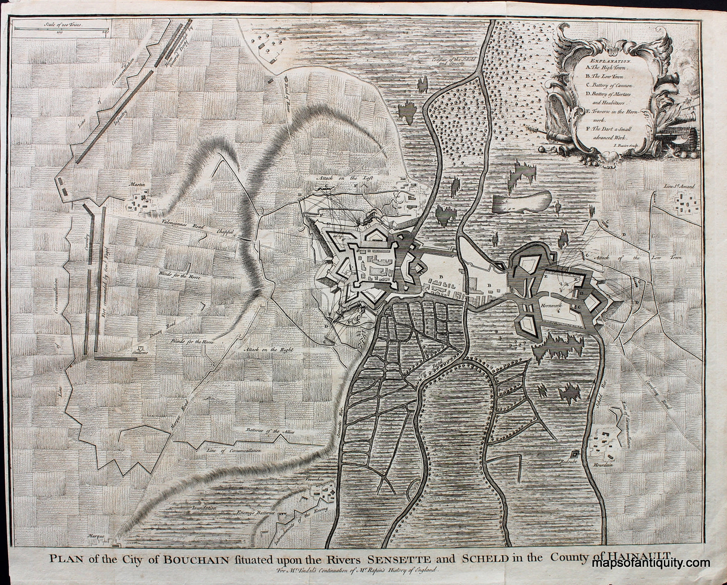 Black-and-White-Engraved-Antique-Map-Plan-of-the-City-of-Bouchain-situated-upon-the-Rivers-Sensette-and-Scheld-in-the-County-of-Hainault.-Europe-France-1745-Rapin-Maps-Of-Antiquity