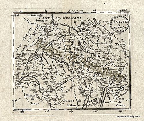Black-and-White-Engraved-Antique-Map-Suisse-by-Robt.-Morden-Europe-Switzerland-1688-Morden-Maps-Of-Antiquity