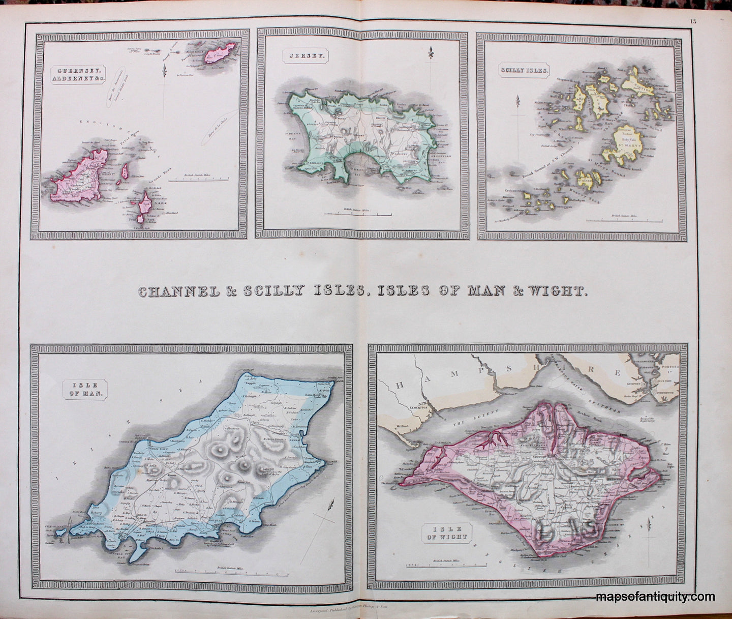 Antique-Hand-Colored-Map-Channel-and-Scilly-Isles-Isles-of-Man-and-Wight-Europe-England-1859-Philips-Maps-Of-Antiquity
