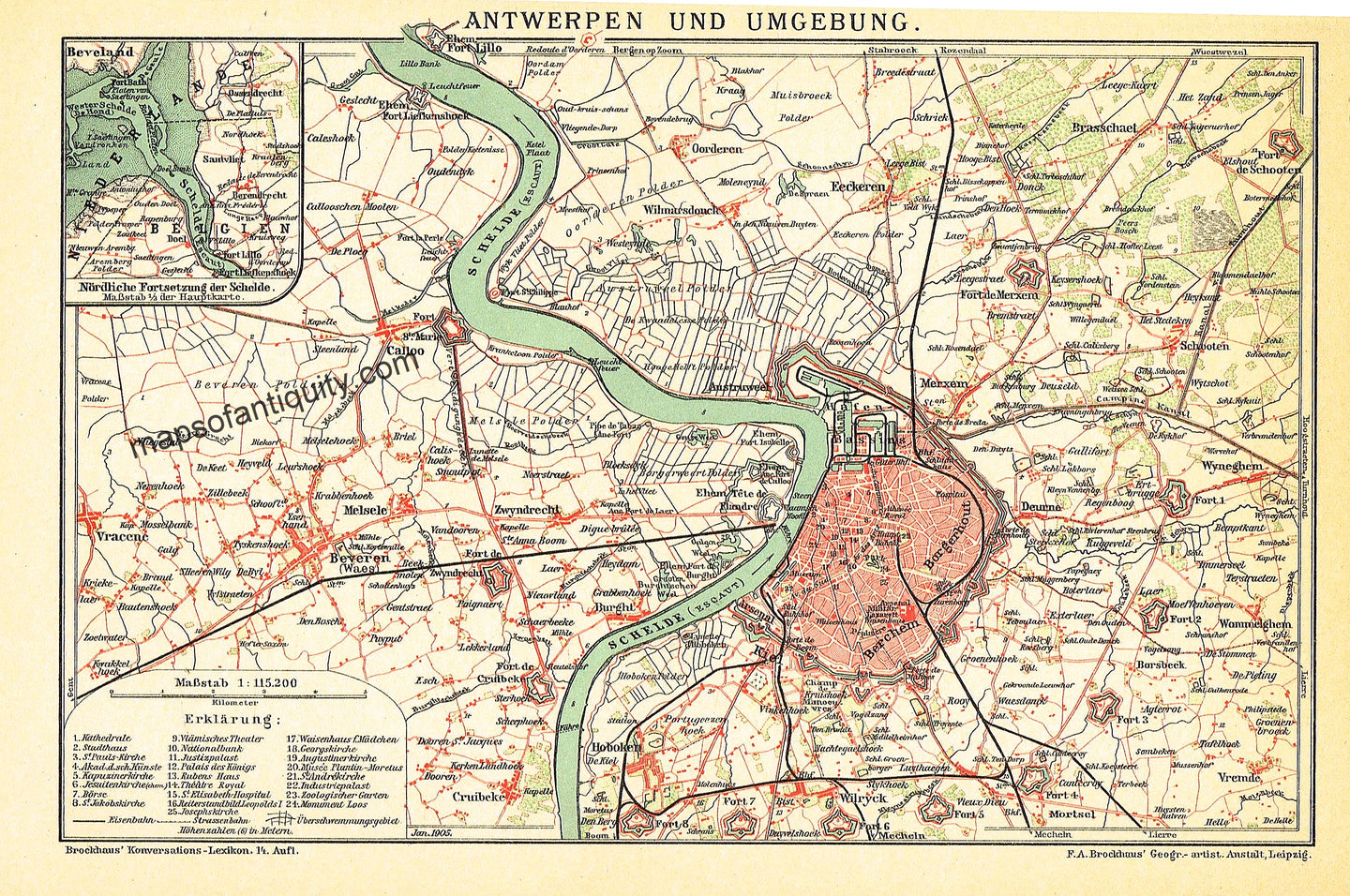 Antique-colored-map-Antwerp-und-Umbegung-Belgium-Europe-Belgium-1905-Brockhaus-Maps-Of-Antiquity