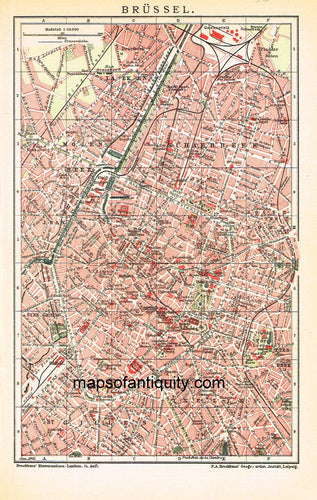 Antique-Printed-Map-Brussels-Europe-Belgium-1905-Brockhaus-Maps-Of-Antiquity