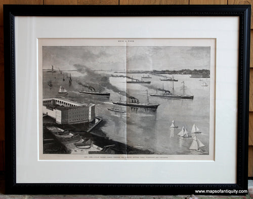 Framed-Antique-Black-and-White-Illustration-New-York---Ocean-Racers-Passing-Through-the-Narrows-Between-Fort-Wadsworth-and-Lafayette.**********-Holiday-Gift-Historical-Prints-1880-Harper's-Weekly-Maps-Of-Antiquity