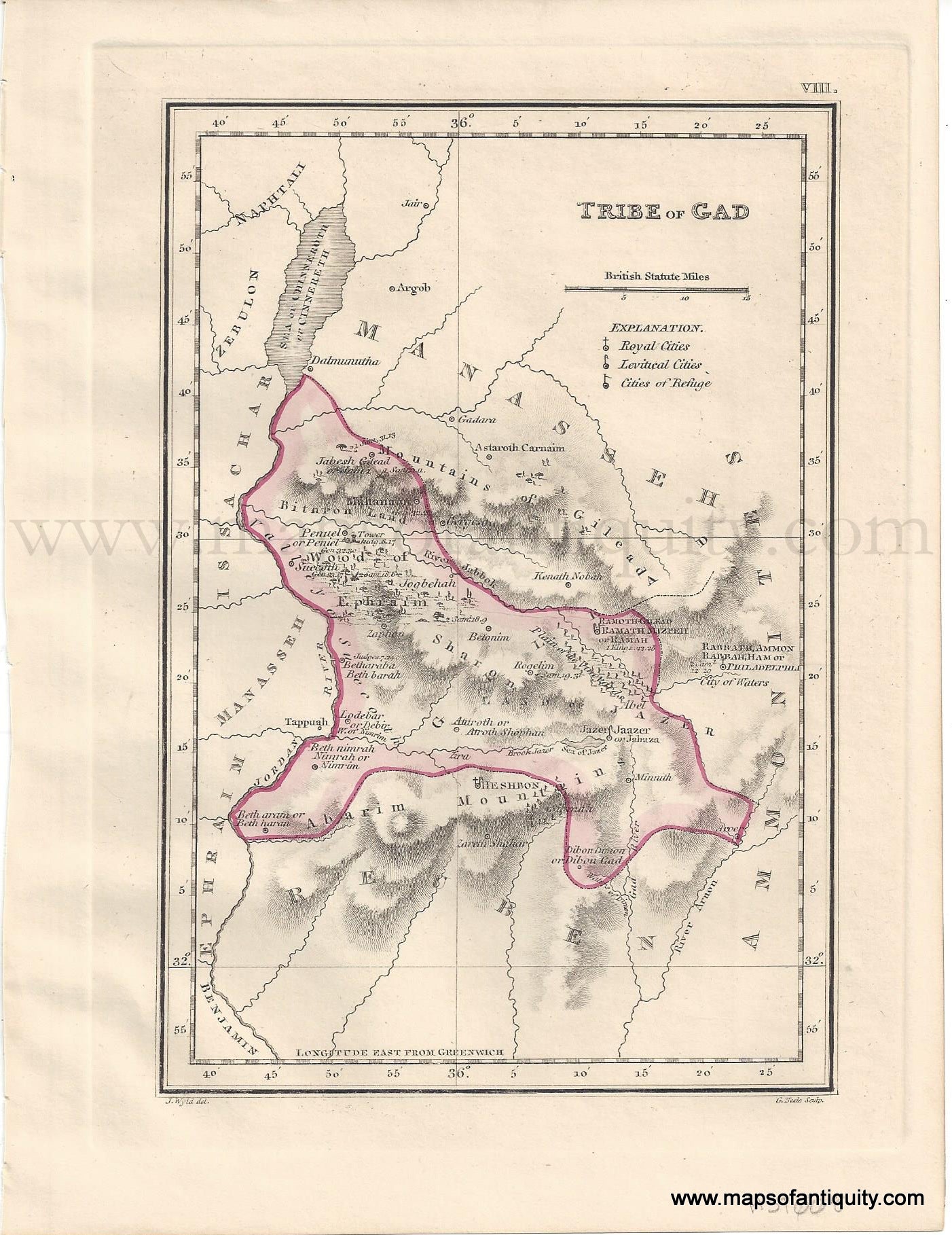 Genuine-Antique-Map-Tribe-of-Gad,-on-an-extended-scale-1823-J.-Wyld-Maps-Of-Antiquity