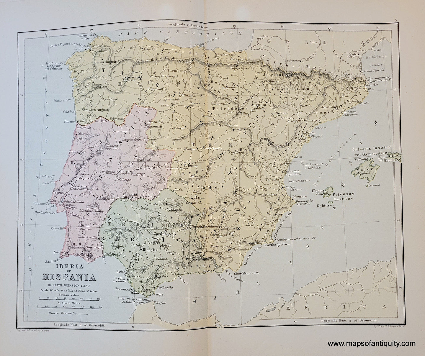 Genuine-Antique-Map-Iberia-or-Hispania-Spain-1910-Johnston-Maps-Of-Antiquity