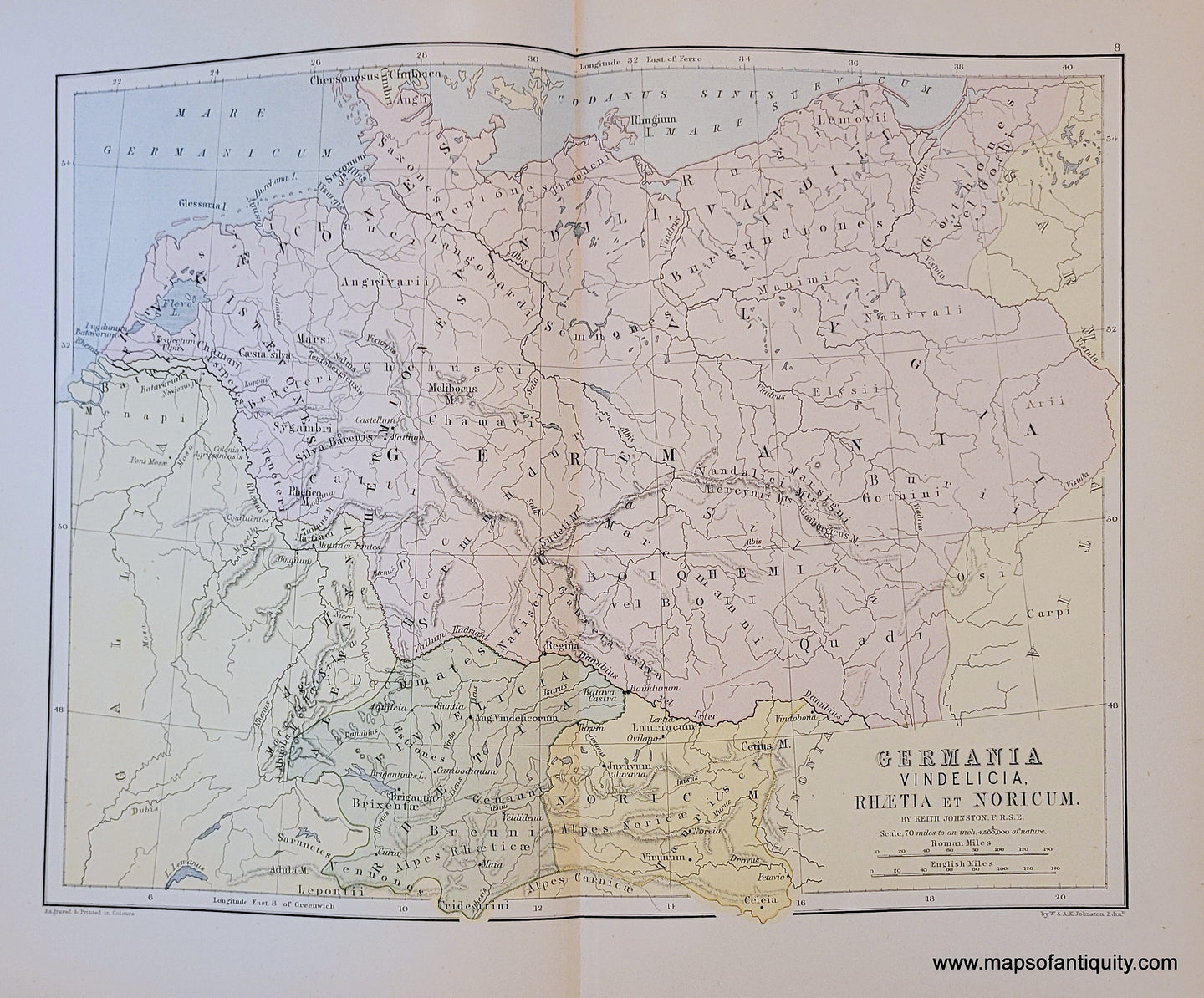 Genuine-Antique-Map-Germania-Vindelicia-Rhaetia-et-Noricum-Germany-and-Poland-1910-Johnston-Maps-Of-Antiquity