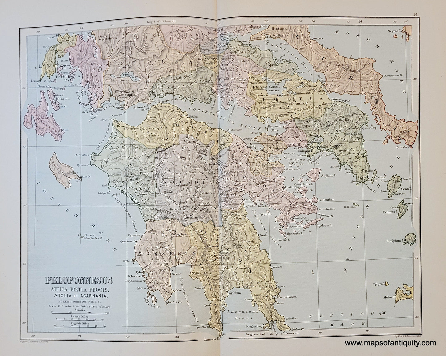 Genuine-Antique-Map-Peloponnesus-Attica-Boetia-Phocis-Aetolia-et-Acarnania-1910-Johnston-Maps-Of-Antiquity