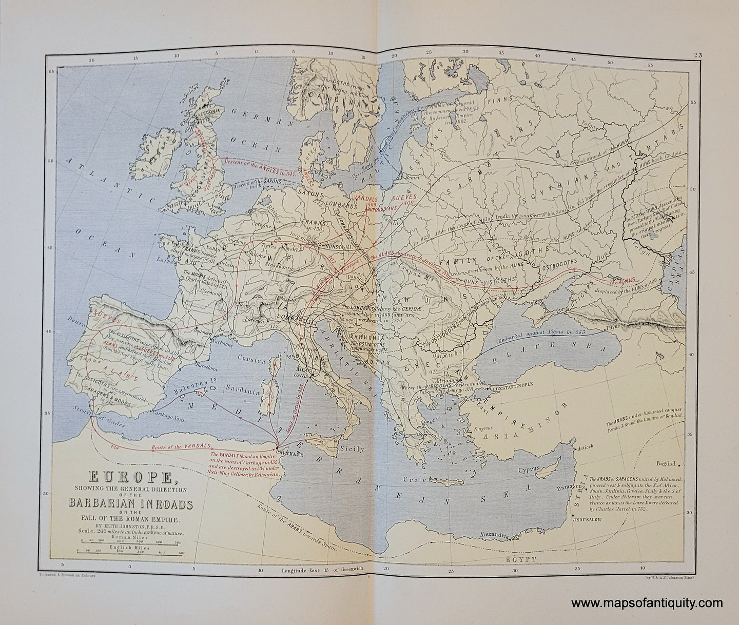 Genuine-Antique-Map-Europe-showing-the-general-direction-of-the-Barbarian-inroads-on-the-fall-of-the-Roman-Empire-1910-Johnston-Maps-Of-Antiquity