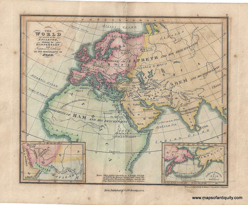 Genuine-Antique-Map-The-World-as-known-to-the-Ancients-shewing-the-Dispersion-and-Supposed-Settling-of-the-Descendants-of-Noah--1823-Palmer-Maps-Of-Antiquity