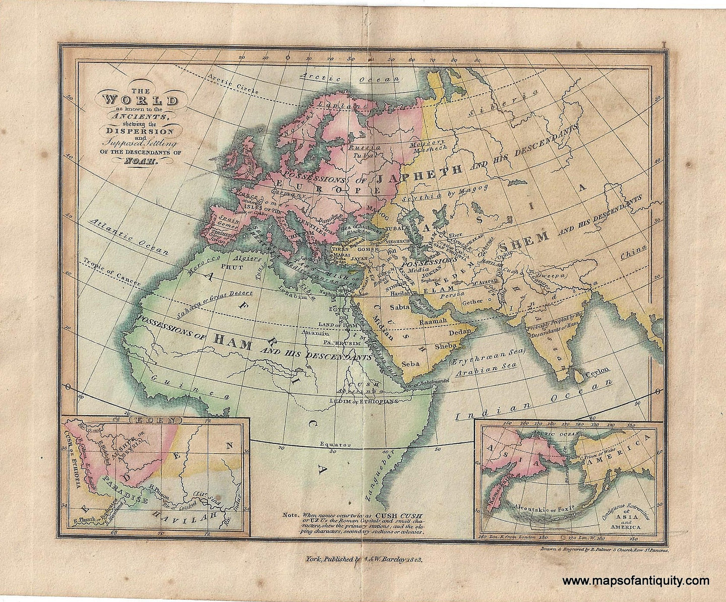 Genuine-Antique-Map-The-World-as-known-to-the-Ancients-shewing-the-Dispersion-and-Supposed-Settling-of-the-Descendants-of-Noah--1823-Palmer-Maps-Of-Antiquity