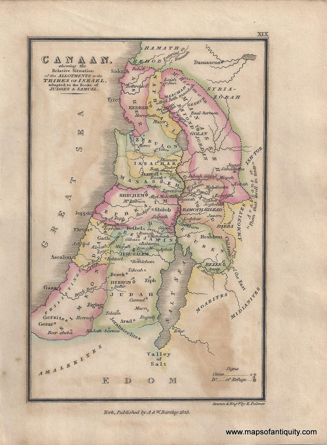 Genuine-Antique-Map-Canaan-shewing-the-Relative-Situation-of-the-Allotments-to-the-Tribes-of-Israel-adapted-to-the-Books-of-Judges-&-Samuel--1823-Palmer-Maps-Of-Antiquity