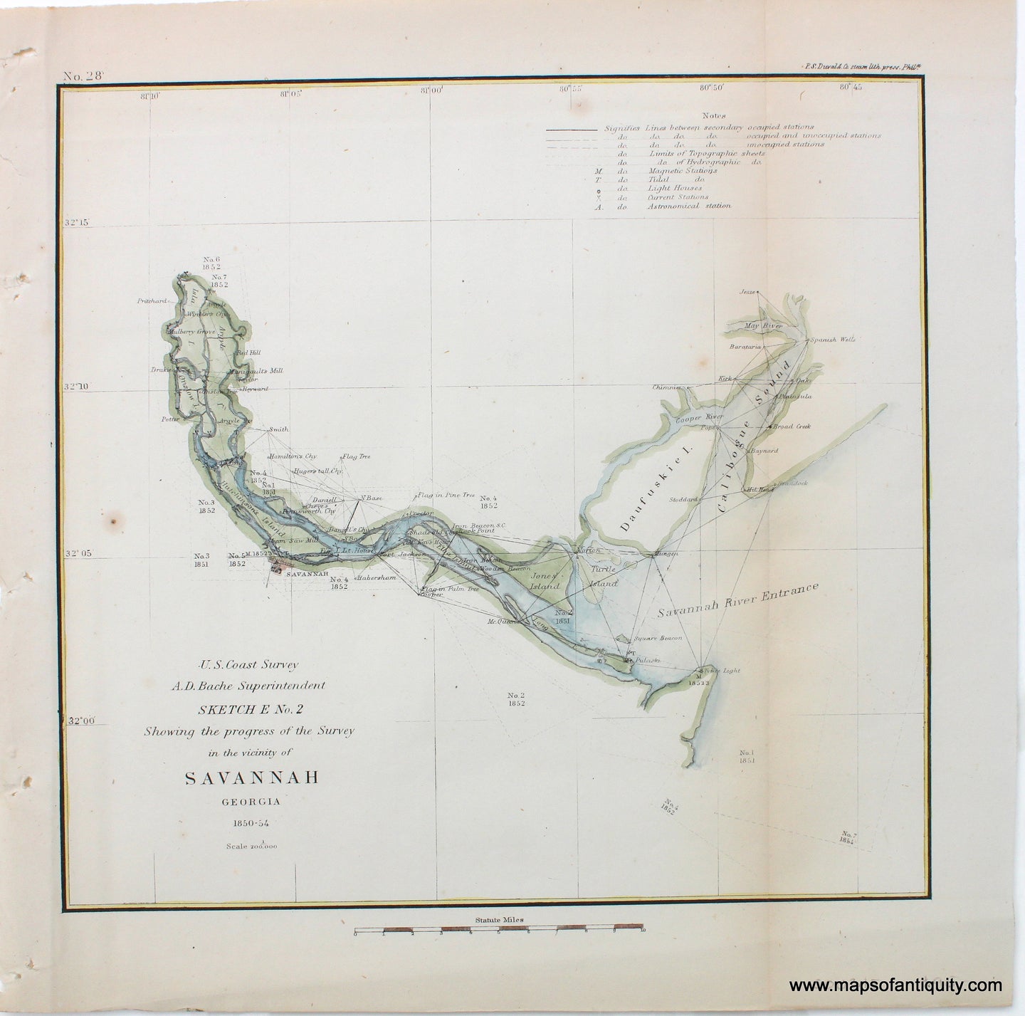 1854 - Sketch E No. 2 Showing the progress of the Survey in the vicinity of Savannah, Georgia 1850-54 - Antique Chart