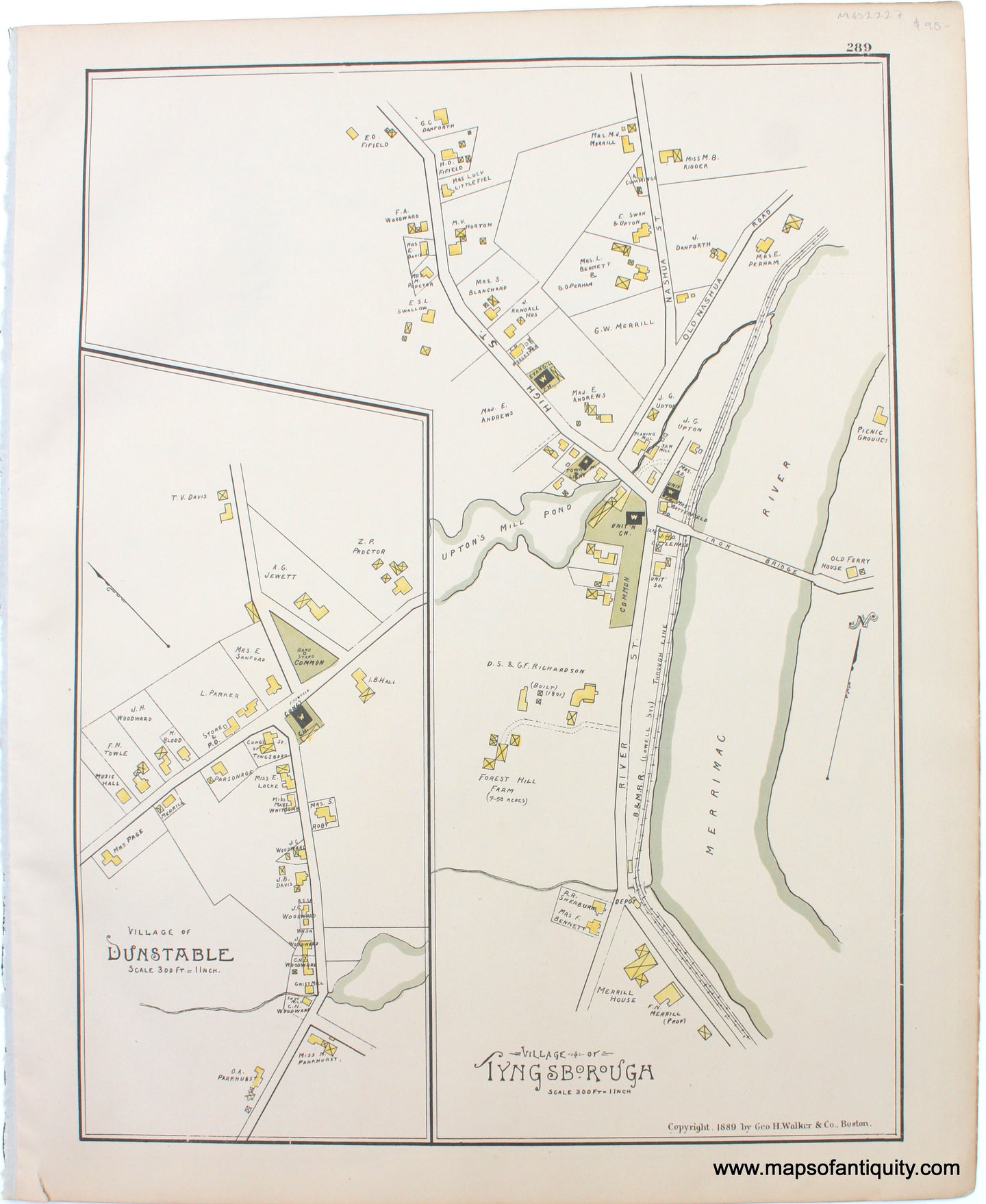 1889 - West Townsend; versos Village of Dunstable and Village of Tyngsborough; Ashby and Ashby Centre (MA) - Antique Map