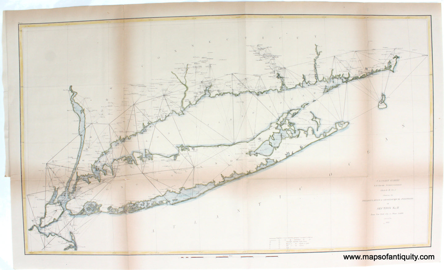 1873 - Long Island Sound, Sketch B No. 2 Showing the Triangulation & Geographical Positions in Section No. II From New York City to Point Judith - Antique Chart