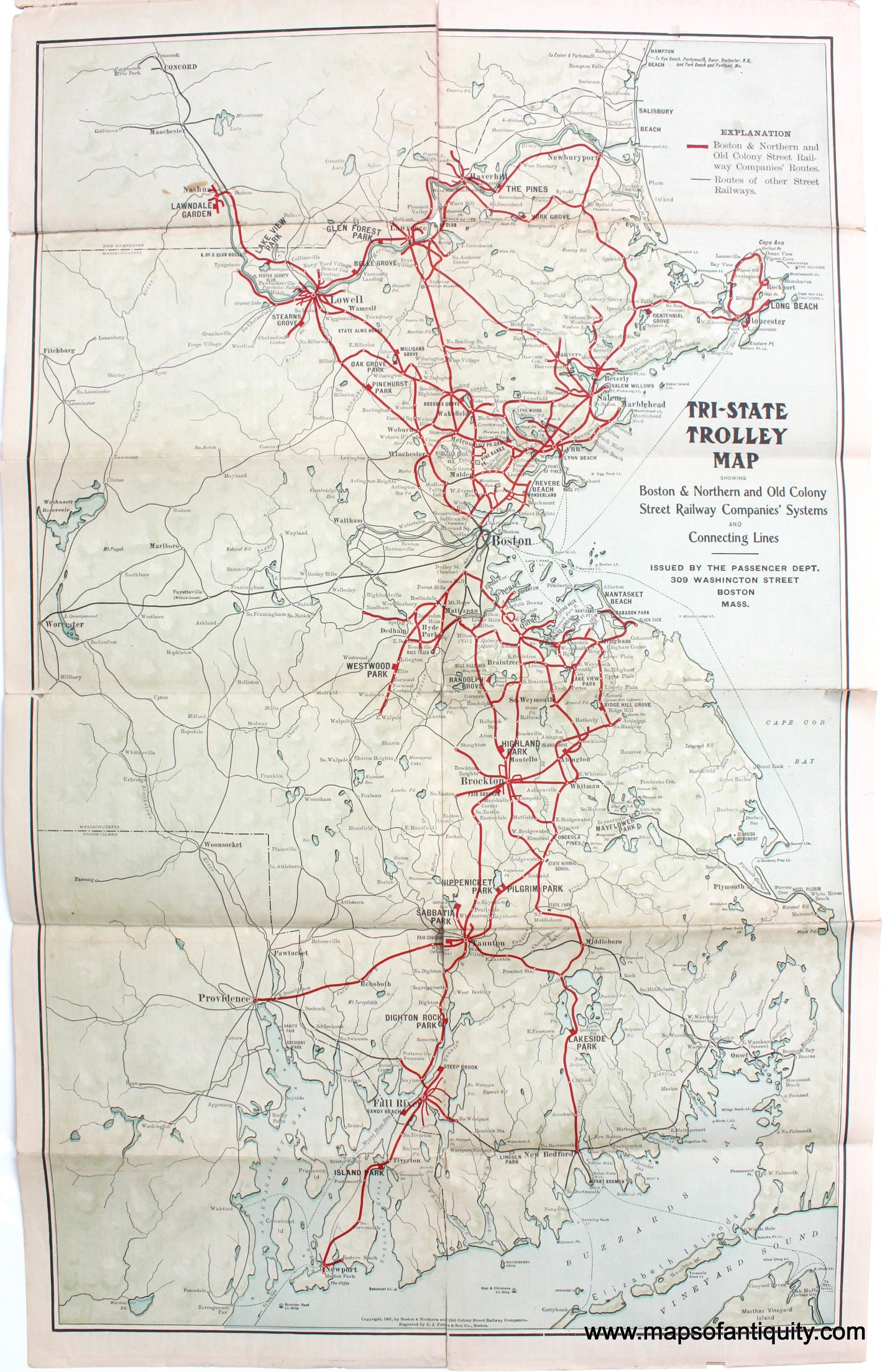 1907 - Tri-State Trolley Map - Antique Map