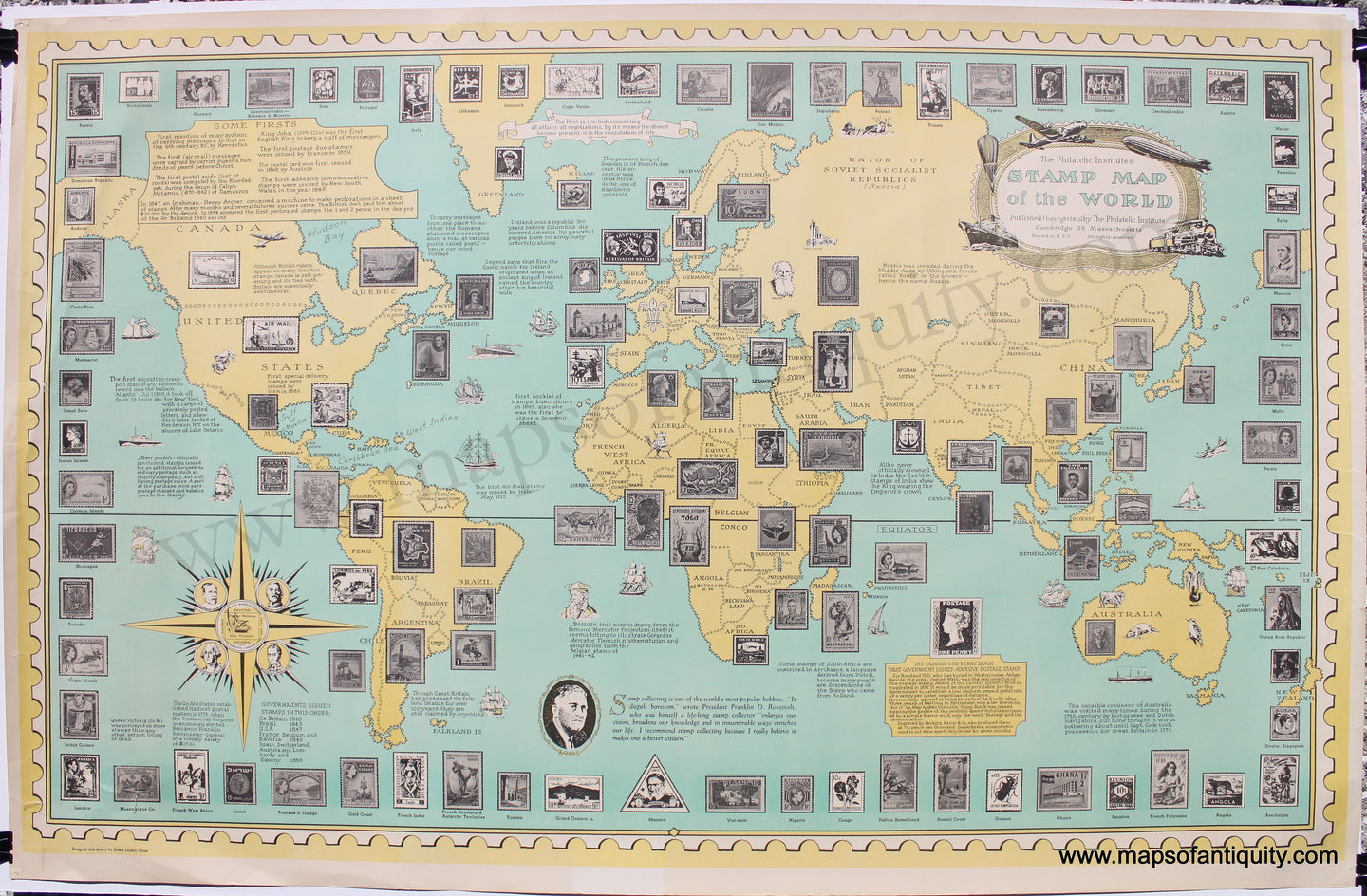 Genuine-Antique-Printed-Color-Map-The-Philatelic-Institute's-Stamp-Map-of-the-World-1959-Ernest-Dudley-Chase-/-The-Philatelic-Institute-Maps-Of-Antiquity