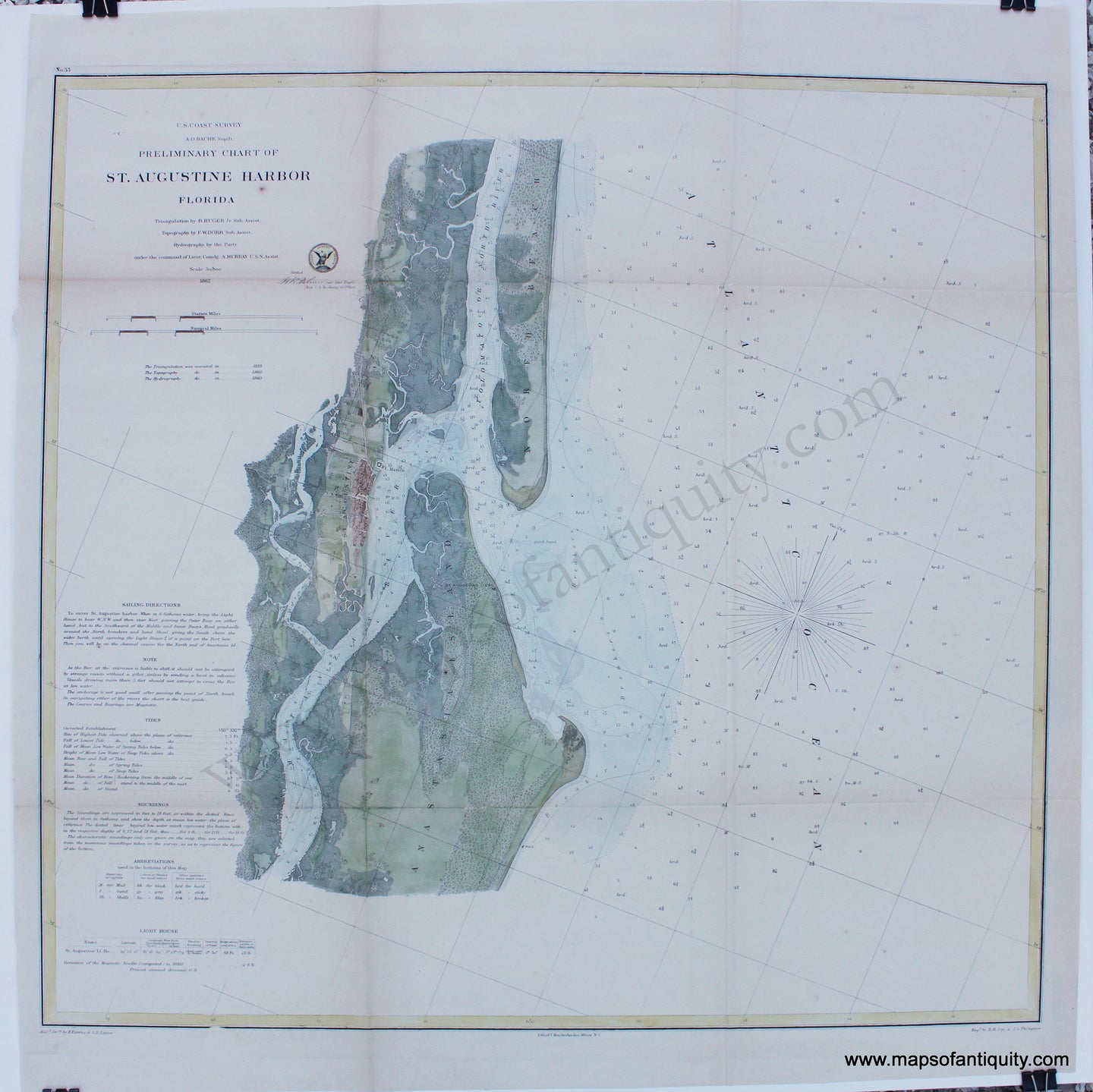 Genuine-Hand-Colored-Antique-Chart-Preliminary-Chart-of-St-Augustine-Harbor-Florida--1862-US-Coast-Survey-Maps-Of-Antiquity
