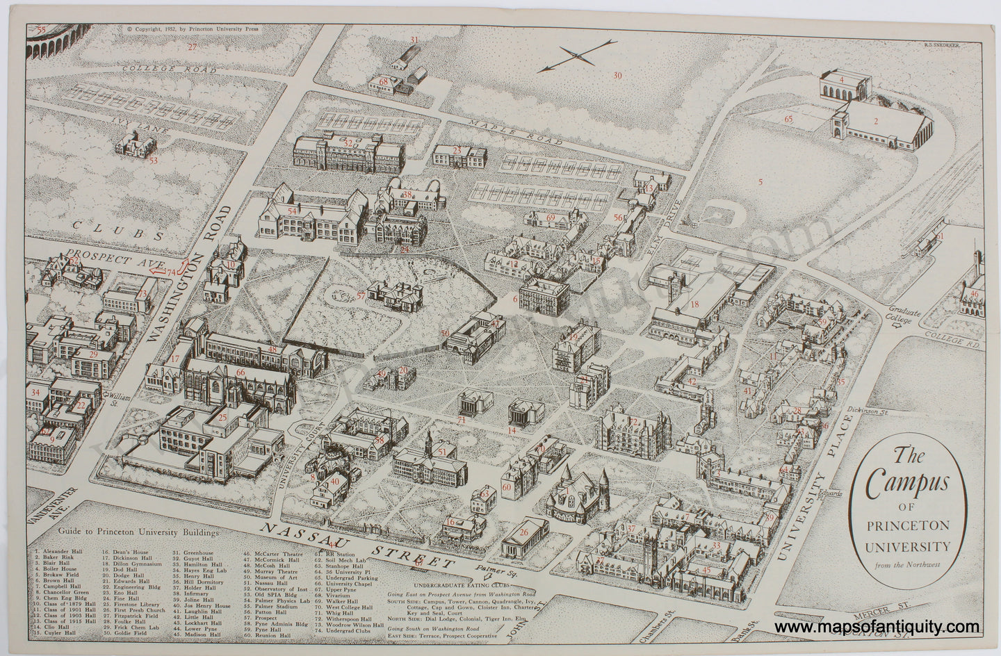 Genuine-Antique-Map-The-Campus-of-Princeton-University-from-the-Northeast-1952-Snedeker-/-Princeton-University-Press-Maps-Of-Antiquity