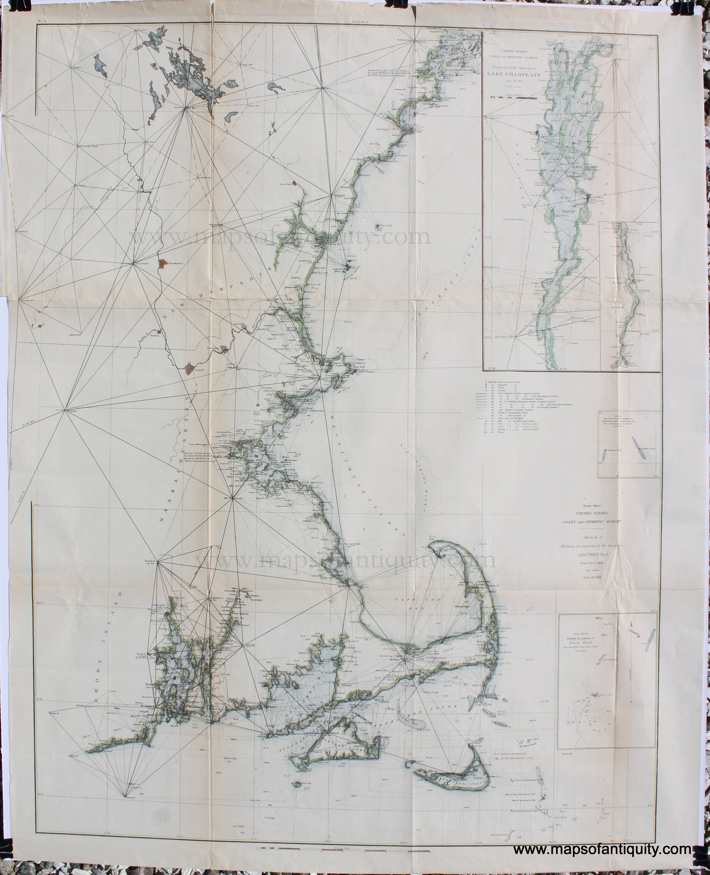 Hand-Colored-Antique-Nautical-Chart-Northeast-Coast-United-States-Coast-Survey-Sketch-A-Shewing-the-progress-of-the-Survey-in-Section-No.-1-From-1844-to-1881-Antique-Nautical-Charts-and-Coast-Surveys-of-the-WorldÂ -Coastal-Report-Charts-New-England-1881-U.S.-Coast-Survey-Maps-Of-Antiquity