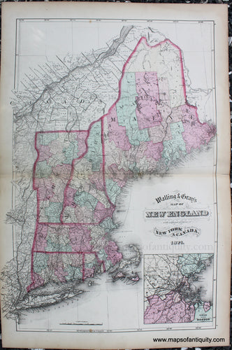 Antique-Map-Antique-Map-New-England-1871-Walling-Gray-Maine-Vermont-New-Hampshire-Massachusetts-Rhode-Island-Connecticut-Boston