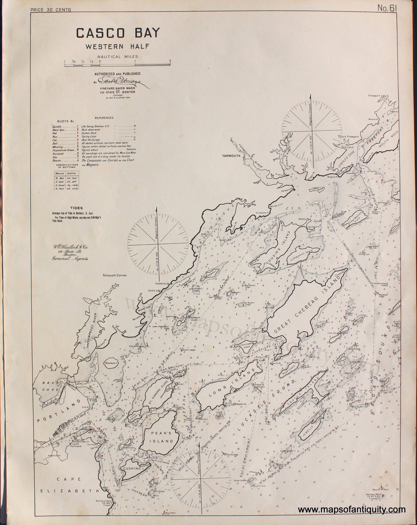 Black-and-White-Antique-Nautical-Chart-Casco-Bay-Western-Half-United-States-Northeast-1909-Eldridge-Maps-Of-Antiquity