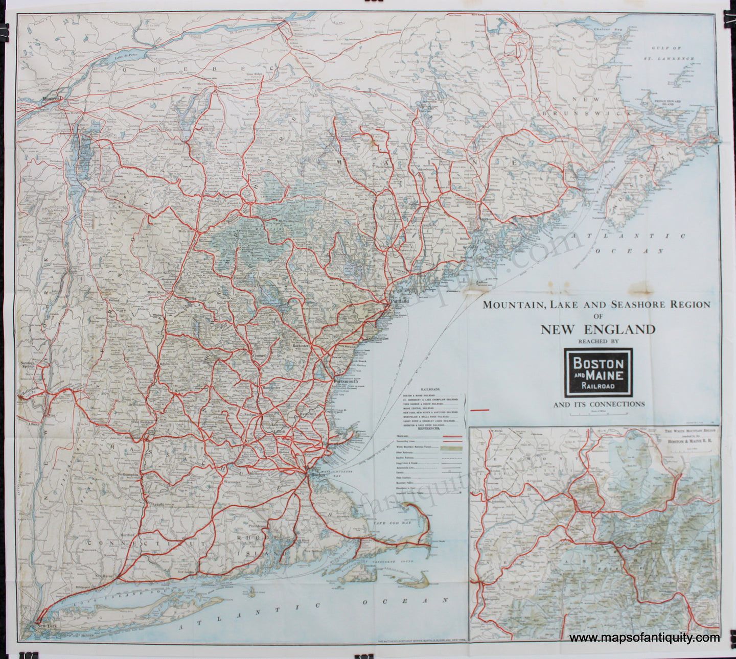 Antique-Railroad-Map-Mountain-Lake-and-Seashore-Region-of-New-England-Reached-by-Boston-and-Maine-Railroad-and-its-Connections-United-States-Northeast-1923-Boston-and-Maine-Railroad-Maps-Of-Antiquity
