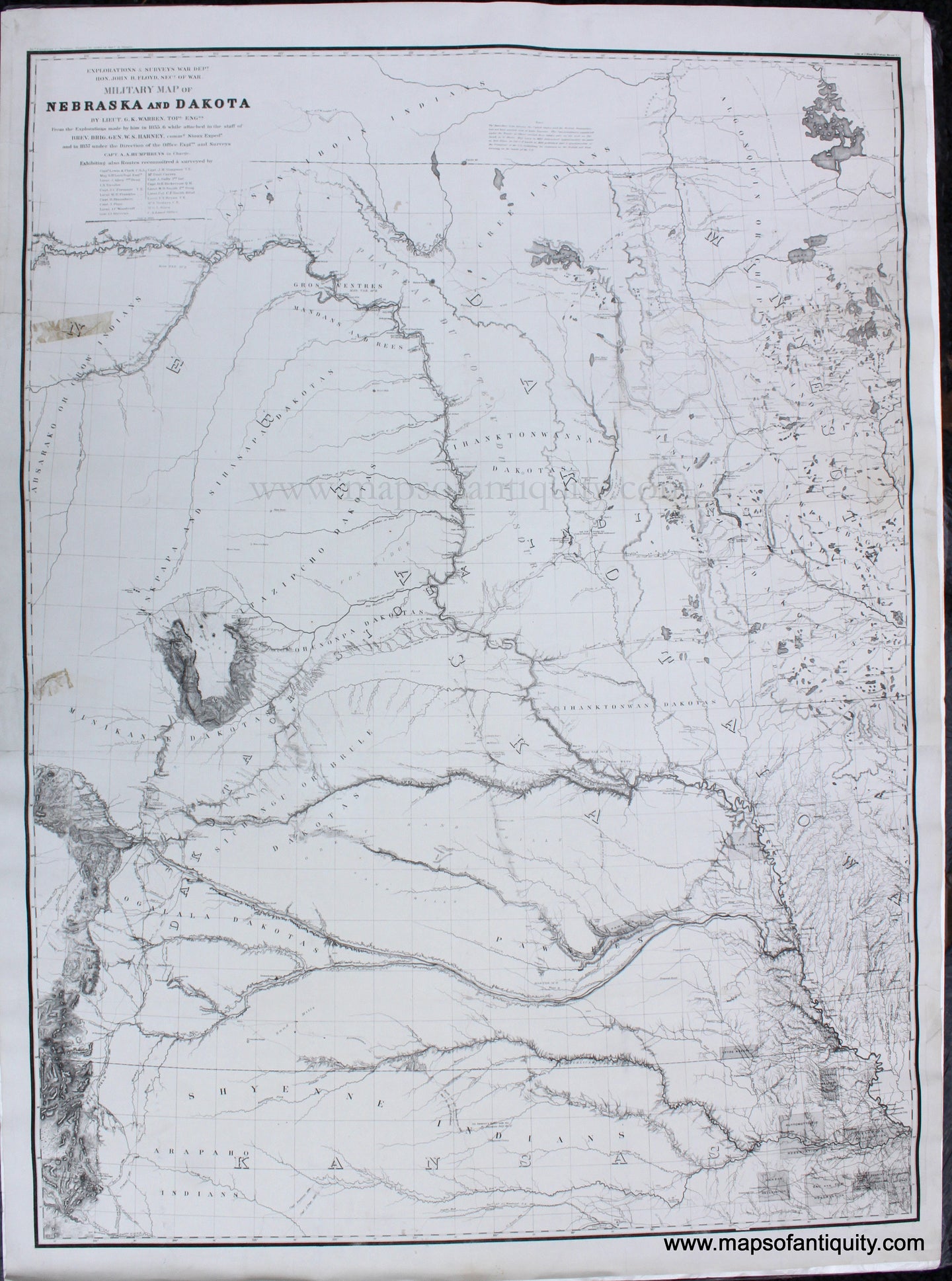 Genuine-Antique-Map-Military-Map-of-Nebraska-and-Dakota-1858-G.K.-Warren-Maps-Of-Antiquity